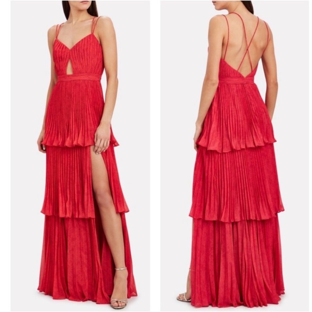 Amur Dominique Tiered Pleated Lace Print Maxi Dress in Raspberry Rose